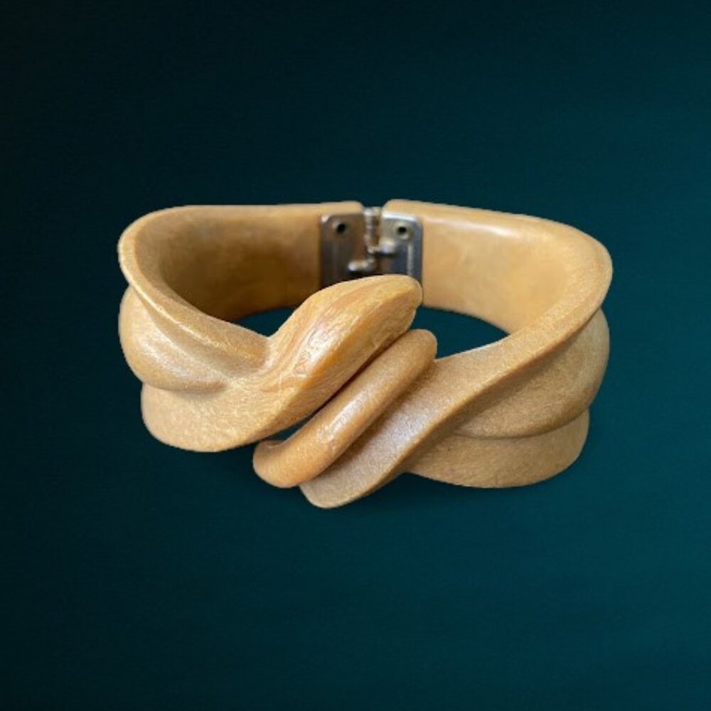 Hong Kong Wood Grain Molded Plastic Bypass Hinged Clamper Bangle Bracelet Retro